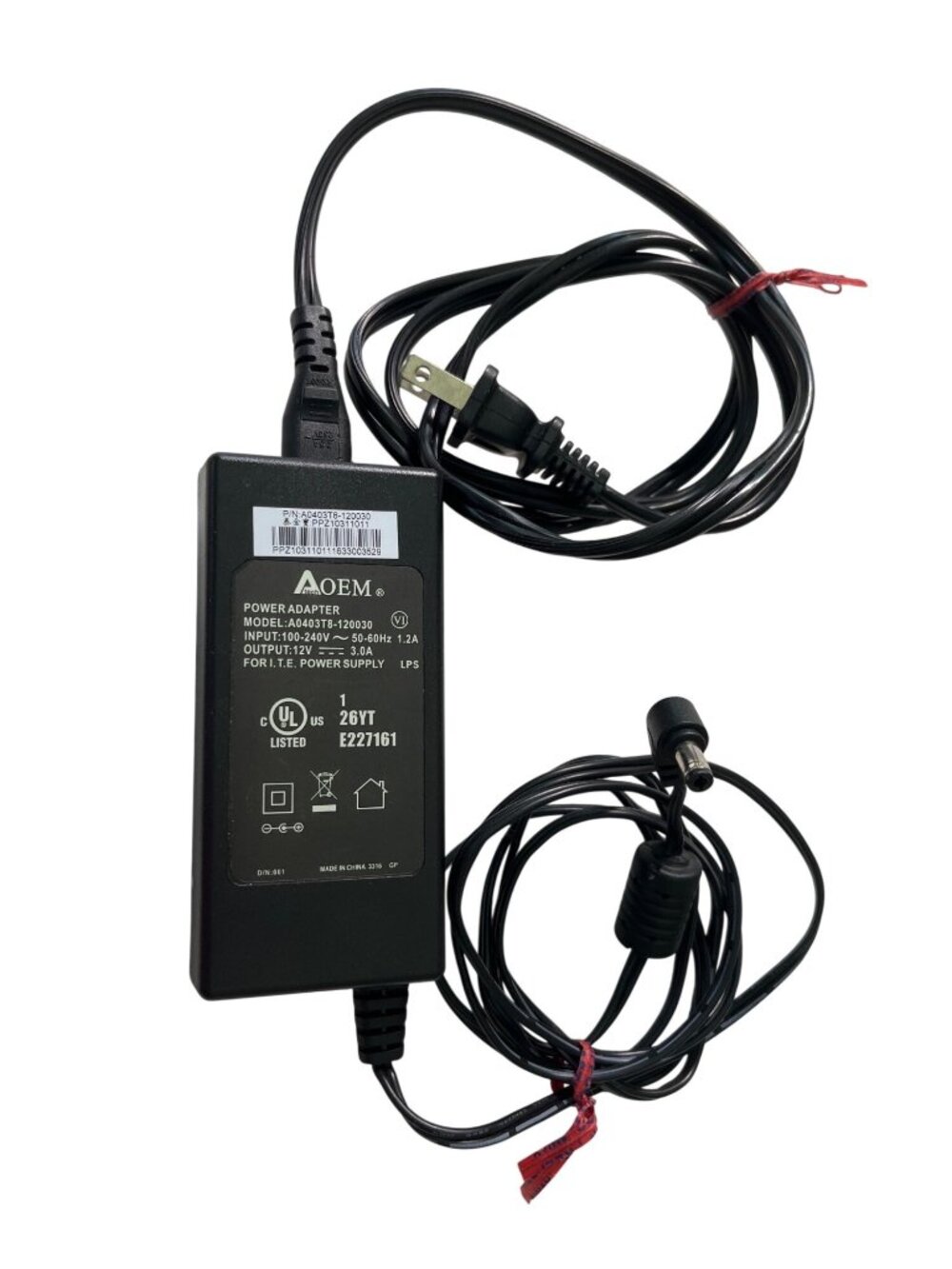 AOEM 12V 3A Power Adapter Model A0403T8-120030 With Cord - 60 Inches Length  20L